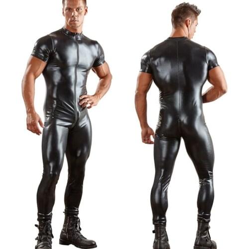Sexy Men Two Way Zipper Open Crotch Bodysuit PU Shiny Catsuit Jumpsuit Erotic Costumes Club Punk Playsuit Gay Wear