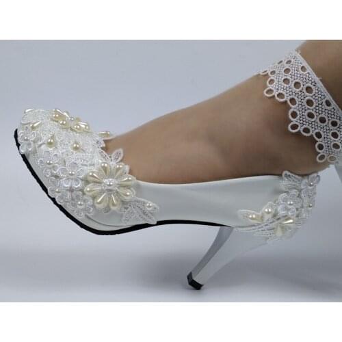 BaoYaFang Thin Heel White flower Party Heeled Shoes Woman High Heel Pumps Ladies Wedding shoes Lace-Up sweet party shoe