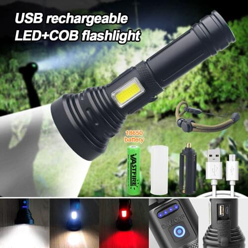 Bright White/Red Light Flashlight Long-range Laser LED+COB Lamp Power Display USB Rechargeable Torch Tactical Hand Lantern