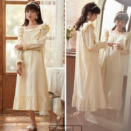 Womens Nightdress Spring and Autumn Cotton Long-sleeved Sleepwear Palace Princess Sweet Dress Womens Long Skirt Home Service