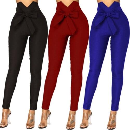 Women Fashion High Waist Casual Pants Fashion Ladies Bowknot Long Slim Skinny Pants Bandage Elastic Pencil Trousers With Sashes