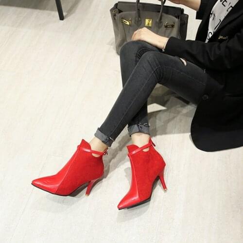 Oversized womens shoes 40-41 42 43 44 45 46 high heel pointed boots leather matching suede thin heel short boots