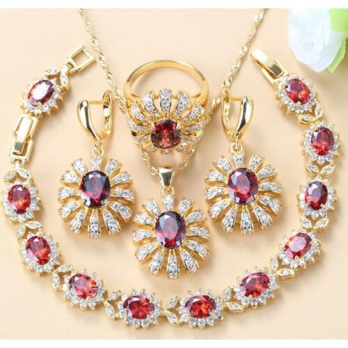 Bridal Dubai Wedding Costume Yellow Gold Color Red Garnet Zircon Flower Big Jewelry Sets For Women Fashion Four-Piece Suit