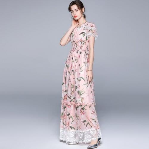 Summer Runway Floral Patchwork Lace Chiffon Pink Maxi Dress Women Elegant Lilies Printed Beach Boho Sundresss k8012