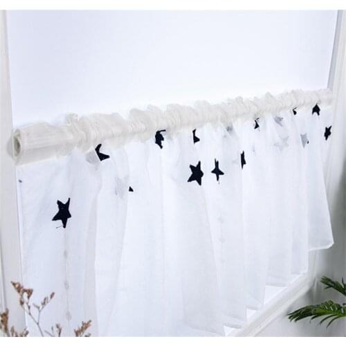 1Panel Rod Pocket Embroidery Deep-blue Star Curtain Porch Kitchen Cover Short Curtains Yellow Star Sheer Curtain Drapes DL052#4