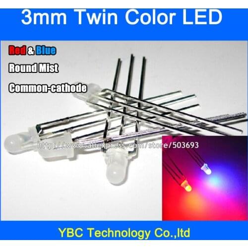 100pcs/lot 3mm Red Blue LED Common Cathode 3Pin F3 Round Mist Diodes