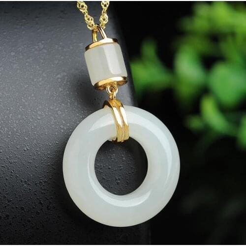 Natural Hetian Jade Safety Buckle Pendant Necklace S925 Sterling Silver White Jade Pendant Clavicle Chain Jewelry Gift for Mothe