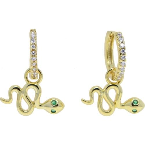 Dangle Drop Snake Earrings Gold Plated Color with Green CZ Eye Round Punk Drop Earrings Gift Fine Jewelry