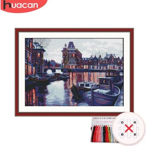 HUACAN Cross Stitch Venice Scenery Kit Needlework Embroidery City Landscape Sets White Canvas DIY Gift Home Decor 11CT 14CT