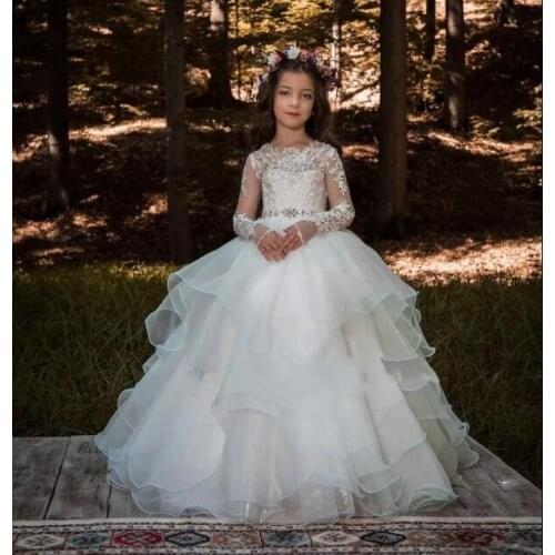 White Ivory Flower Girls Dresses for Weddings Lace Long Sleeves Ruched Tulle Princess First Communion Dress Birthday Gown Custom