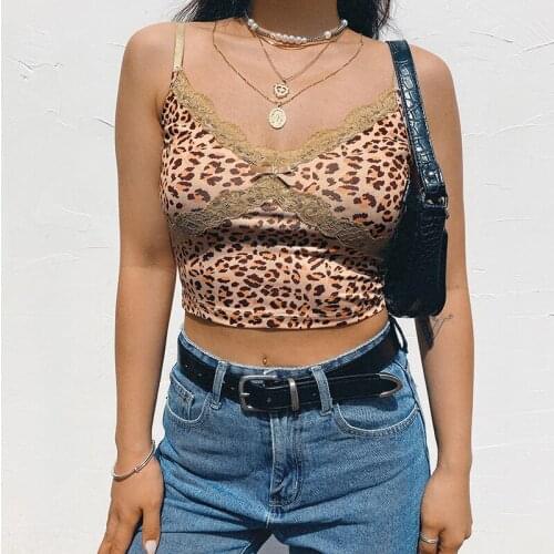 V Neck Spaghetti Strap Lace Trim Tank Top Sexy short T-shirt Womens Leopard Print Sleeveless Camisole