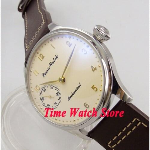 Parnis 44mm Beige Dial 17 jewels mechanical 6497 hand winding movement mens watch men 396