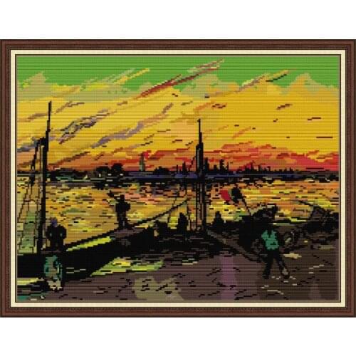 Stamped Pattern Cross Stitch Kit Van Gogh-Coal Barges Thread Counted 11CT 14CT Printed Embroidery Needlework Decor Fabric Canvas