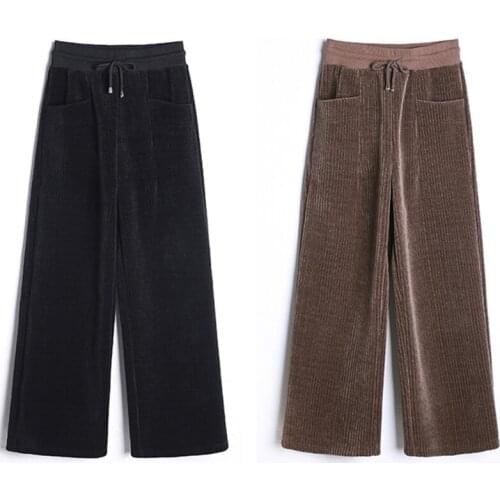 Extra-large Plus Velvet Wide-leg pants Womens Autumn Winter Warm Trousers Loose Thin Corduroy Casual Pants Brown Black 5XL 6XL