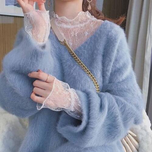 2021 Autumn Winter New V-neck Sweater Womens Outer Wear Mink Velvet Top Soft Milk Color Sweet Jumpers Loose Knitted Pullovers