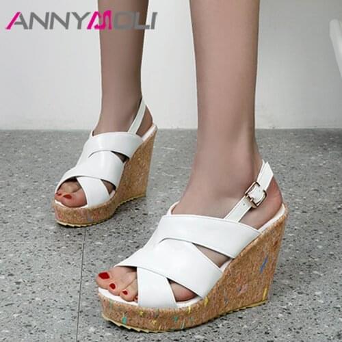 ANNYMOLI Women Sandals Shoes Wedges High Heel Sandals Buckle Round Toe Ladies Footwear Summer White Black Size 34-43 Fashion