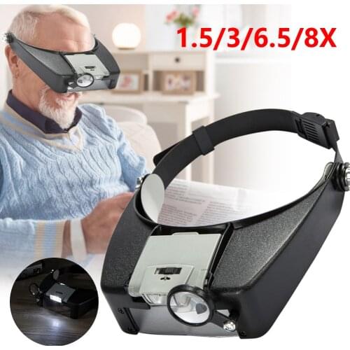 Loupe Microscope LED light 1.5X 3X 6.5X 8X Helmet Style Magnifier Glass Headband Magnifying Glasses Sewing DIY or Repair Use