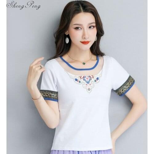 Fashion women short sleeve o-neck Embroidery Chinese Style Button summer 100% cotton t-shirt female girls lady shirts tops V1847