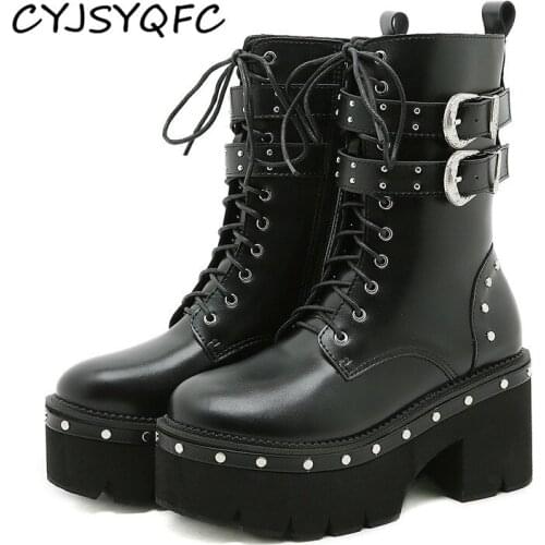 CYJSYQFC 2021 Autumn Lace Up Womens Motorcycle Boots Round Toe Platform High Heels Ladies Ankle Boots Punk Gothic Rivets Shoes