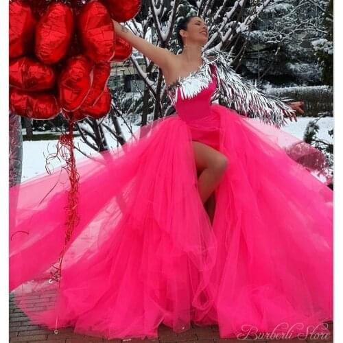 Hot Pink Mermaid Prom Gowns With Puff Tulle Detachable Train Elegant One Shoulder Silver Tassel Women Party Dresses
