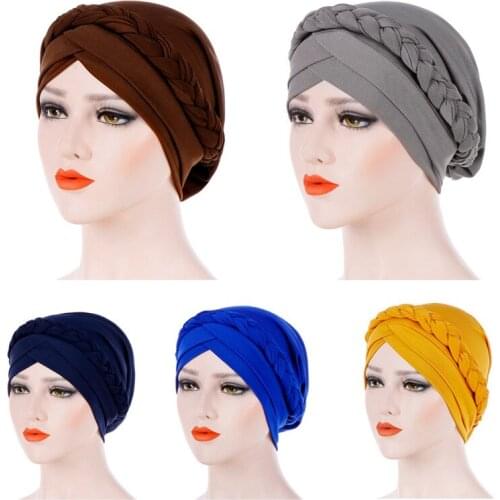 2021 New African Style Turban Hijab Muslim Hijab Caps Women Solid Braided Bandanas India Head Wrap Headwear Hair Accessories