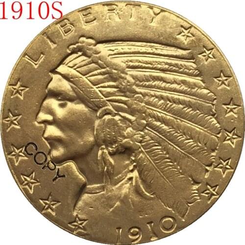 24-K gold plated 1910-S $5 GOLD Indian Half Eagle Coin Copy
