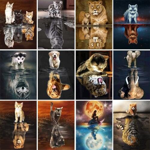 QIZITENG 5D Diamond Painting Cat Full Square Diamond Embroidery Animals Reflection Pictures Of Rhinestones Mosaic Home Decor