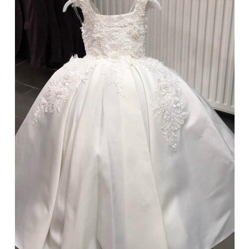 Custom White Flower Girl Dress Lace Beading Satin Kids Clothes Infant Girls Birthday Dresses Pageant Gown Lace Up PhotoShoot