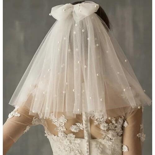 ZMV04 Elegant Bow Bridal Veil with Pearls Double Layer White Ivory Tulle Short Veil with Comb for Wedding Accessories Hot Sell