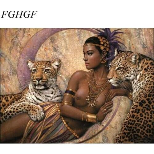 FGHGF frameless tiger and sex girls DIY painting by numbers kits acrylic painting on canvas hand painted