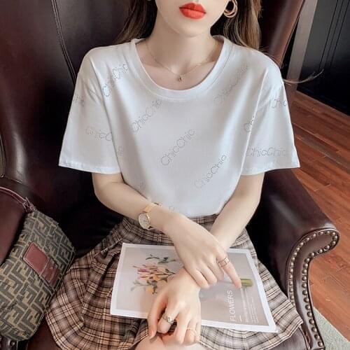 Korean Style Clothes Female t shirt summer O Neck Hot drilling short Sleeve t shirt Women letter Tops Loose white t shirt