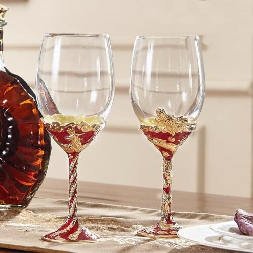 Fine crystal glass wine couples goblet Beautiful chinese golden dragon and phoenix wine glass wedding gift