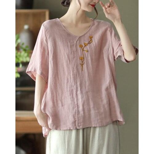 Summer retro flower embroidered linen blouse ladies loose large size short-sleeved pullover T-shirt shirt women clothing