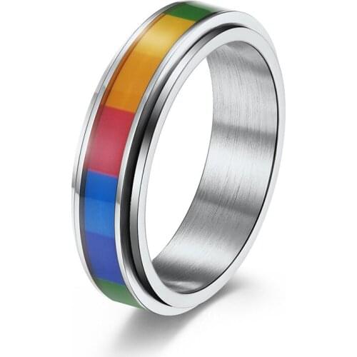 MIQIAO Stainless Steel Titanium LGBT Rainbow Gay Lesbian Spinning Vintage Rings for Men Women Couple Friend Gift Fashion Jewelry