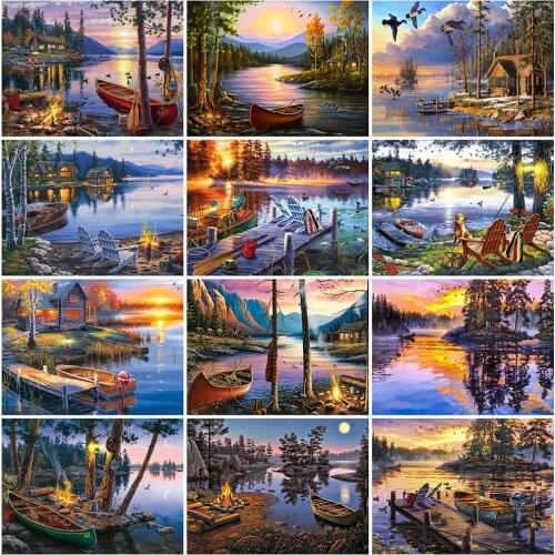MomoArt 5D DIY Diamond Painting House Full Square Round Diamond Embroidery Lake Landscape Craft Kit Home Decorations