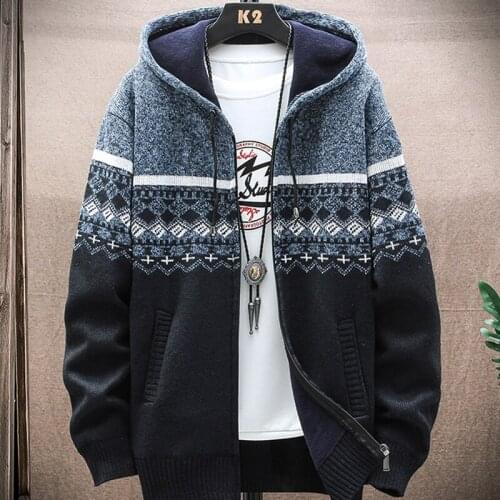 2020 Winter Fleece Mens Hooded Cardigan Striped Knitted Sweaters Casual Sweatercoats Brand Male Sweaters Plus Size 3XL