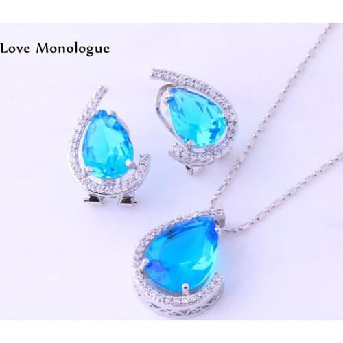 Teardrop Shape Blue Sky Crystal White Cubic Zirconia Necklace/Pendant/Earrings Silver Color Wedding Jewelry Sets H0006