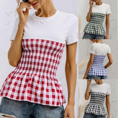 Hot kf-Summer Fashion Womens Casual Pleated O-Neck Slim Stitching Tops