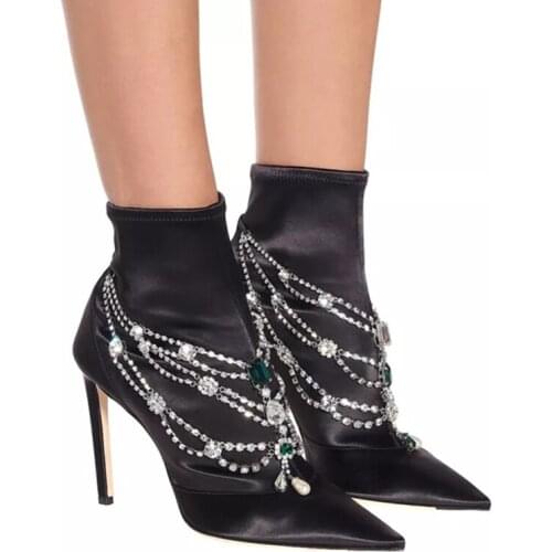 Plain Pin Heels Jewels Women Booties Elegant Shoes Woman Crystal Chains Chelsea Boots Pointy Sock Boot Stiletto High Heels Botas