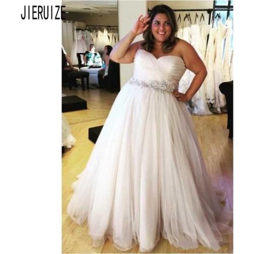 JIERUIZE Plus Size Tulle Wedding Dresses Sweetheart Pleat Crystal Sashes Backless Boho Bridal Gowns A Line vestido de noiva