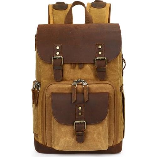 Vintage Waterproof Canvas Leather DSLR Camera Rucksacks Bag Photography Backpack With Laptop For Men Women