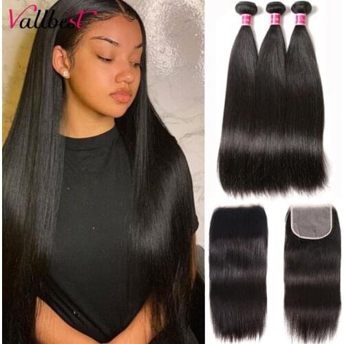 Vallbest Hair 30 Inch Long Straight Bundles With Closure Remy Brazilian Straight Human Hair 3 Bundles With 4X4 Lace Closure