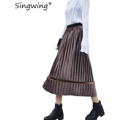 Singwing High waist Women Skirt Pleated Velvet Long Skirts Slim Casual Style Solid Color Mid-Calf Female Skirts