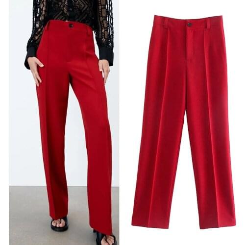 WESAY JESI Womens Pants Full Length Red Pants Long Trousers Casual High Waist Zipper Harem Pants Classic All-Match Streetwear