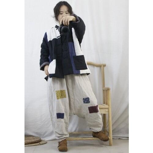 Women Linen Padded Pants Ladies Cotton Linen Patchwork Elastic Waist Loose Trousers Female 2020 Vintage Pants Autumn Winter