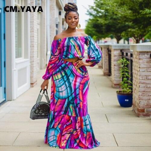 CM.YAYA Women Set Print Off Shoulder Full Sleeve Crop Tops Empire Straight Loose Long Skirts Two 2 Piece Sets Summer Outfit 2021