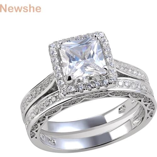 Newshe 2 Pcs Wedding Ring Set Classic Jewelry Princess Cut AAA CZ 925 Sterling Silver Engagement Rings For Women Size 5 to 12