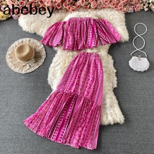 Women Summer Boho Floral Vacation Set Off Shoulder Slash Neck Short Top+High Waist Long Skirt Two Piece Suits