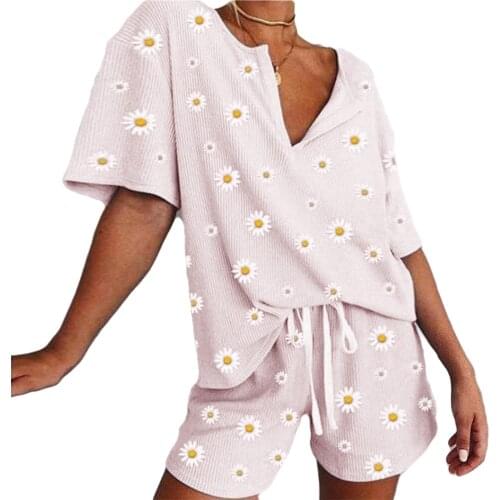 Simple Style Ladies Pajamas Set, Women Summer Autumn Breathable Short Sleeve Loose Collar Daisy Printing Leisure Wear