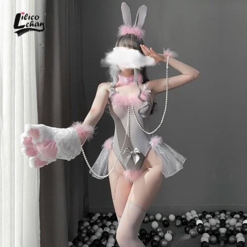 7Pcs Backless V Neck Women Bunny Girl Bodysuit Bow Plush Mesh Erotic Costumes Cosplay Perspective Tempatation Kawaii Outfit New